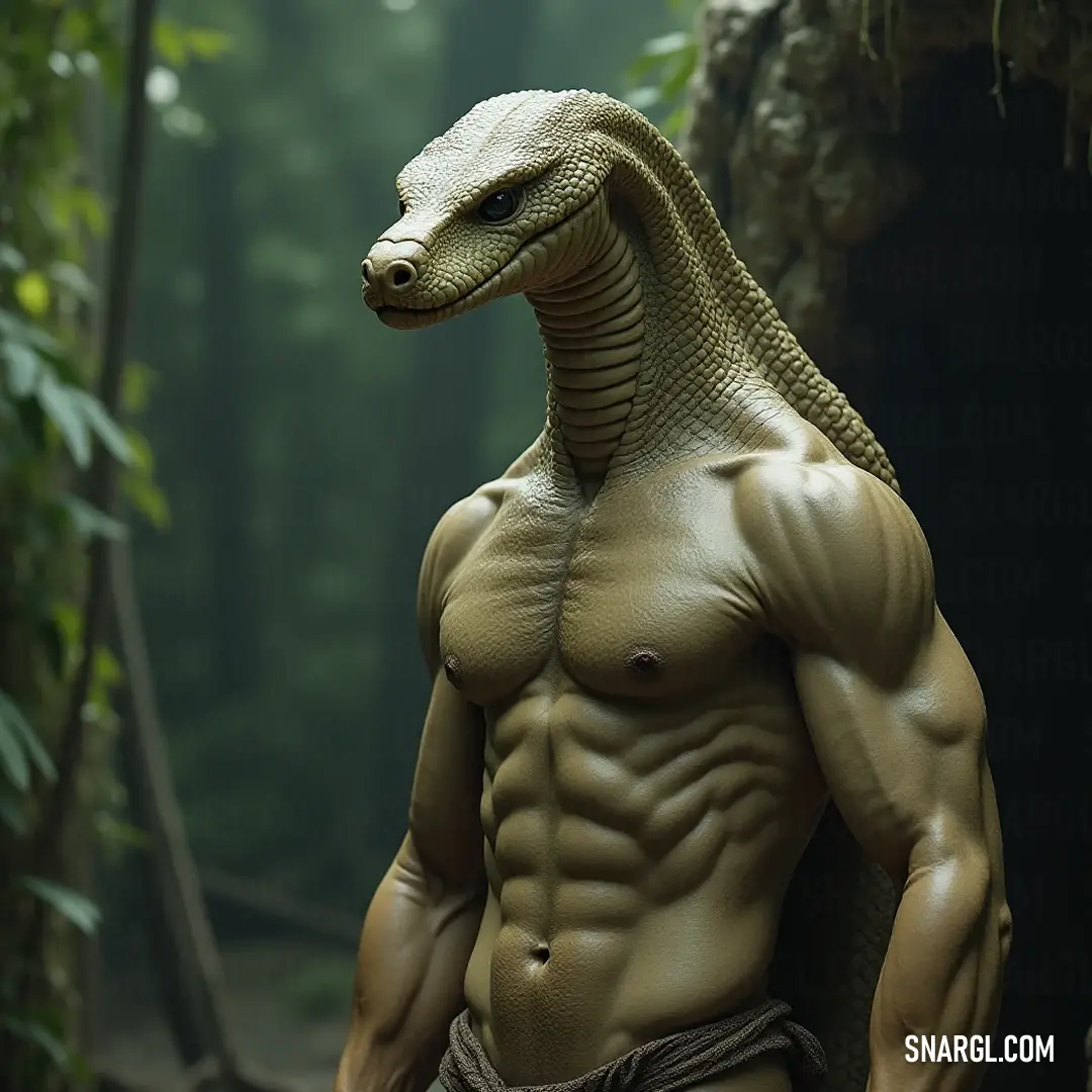 Regal Cobra King featuring a fierce serpent on his chest, commanding the wild woods with authority. The imposing Cobra King commands attention with his grand size, displaying a striking serpent coiling upon his chest, a powerful emblem of wilderness and majesty amid the vibrant woods.