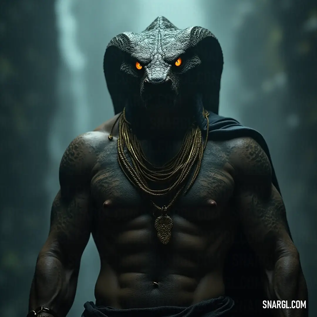 The Cobra Lord, featuring a striking snake head and an ornate necklace glimmering on his chest, portrays a mystique that blends strength and elegance. This dynamic image captures his commanding presence, enhanced by the intricate details of his accessorie