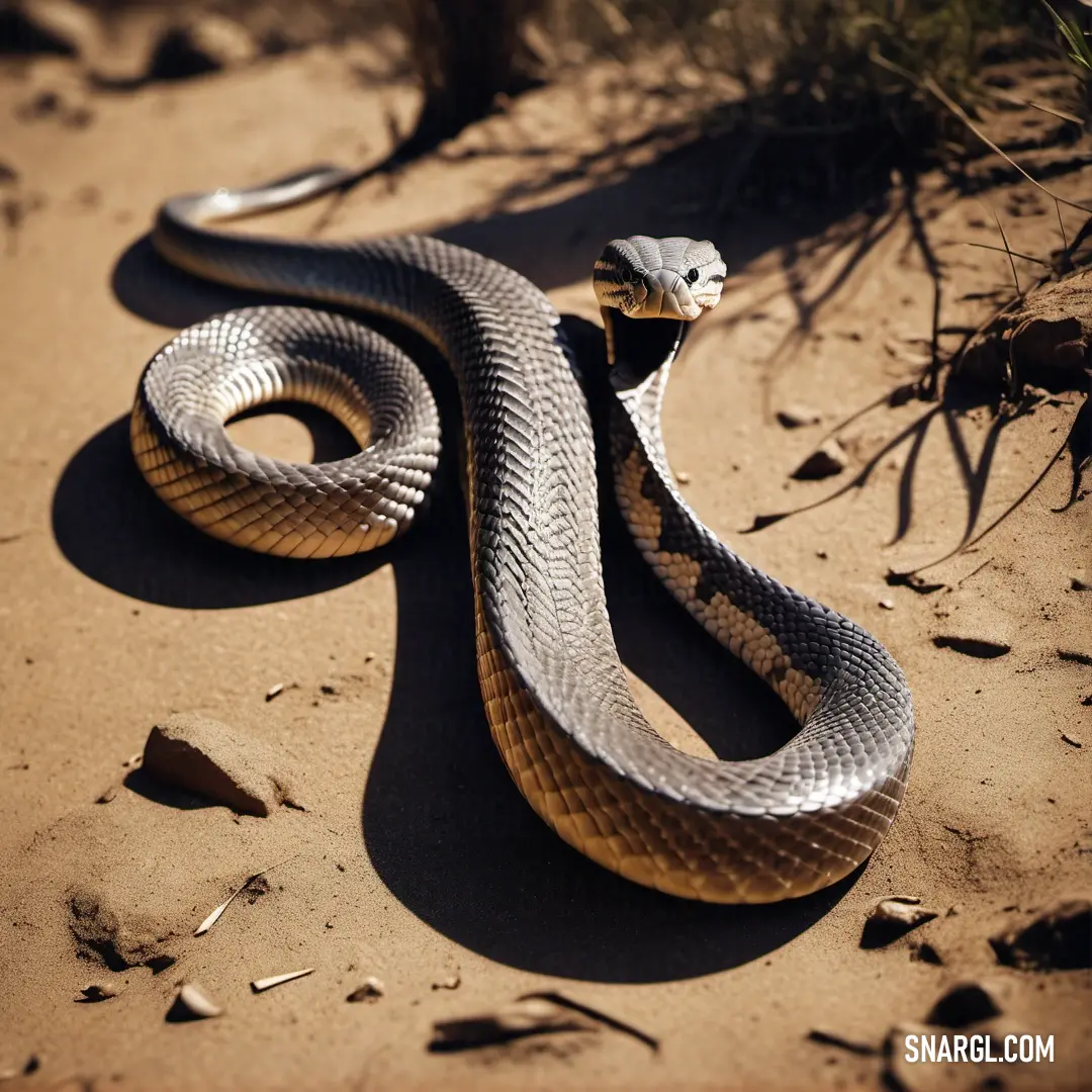 Snake is curled up on the ground in the desert, with a snake in the background