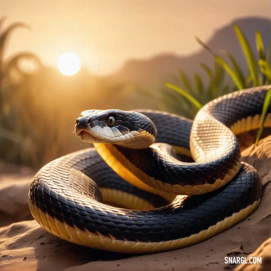 Snake is curled up on a rock in the desert at sunset or sunrise