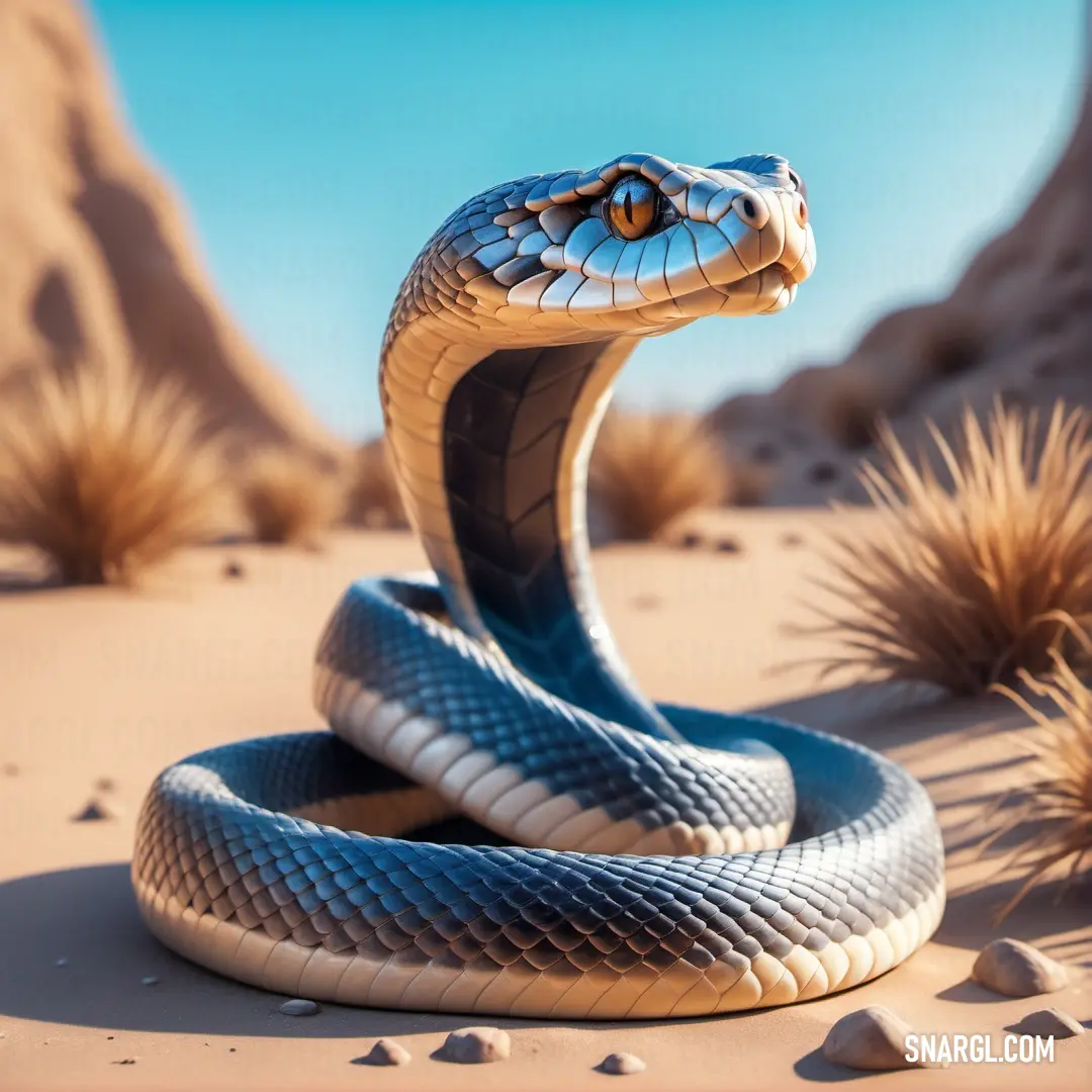 Snake is curled up in the desert sand and grass, with a blue sky in the background