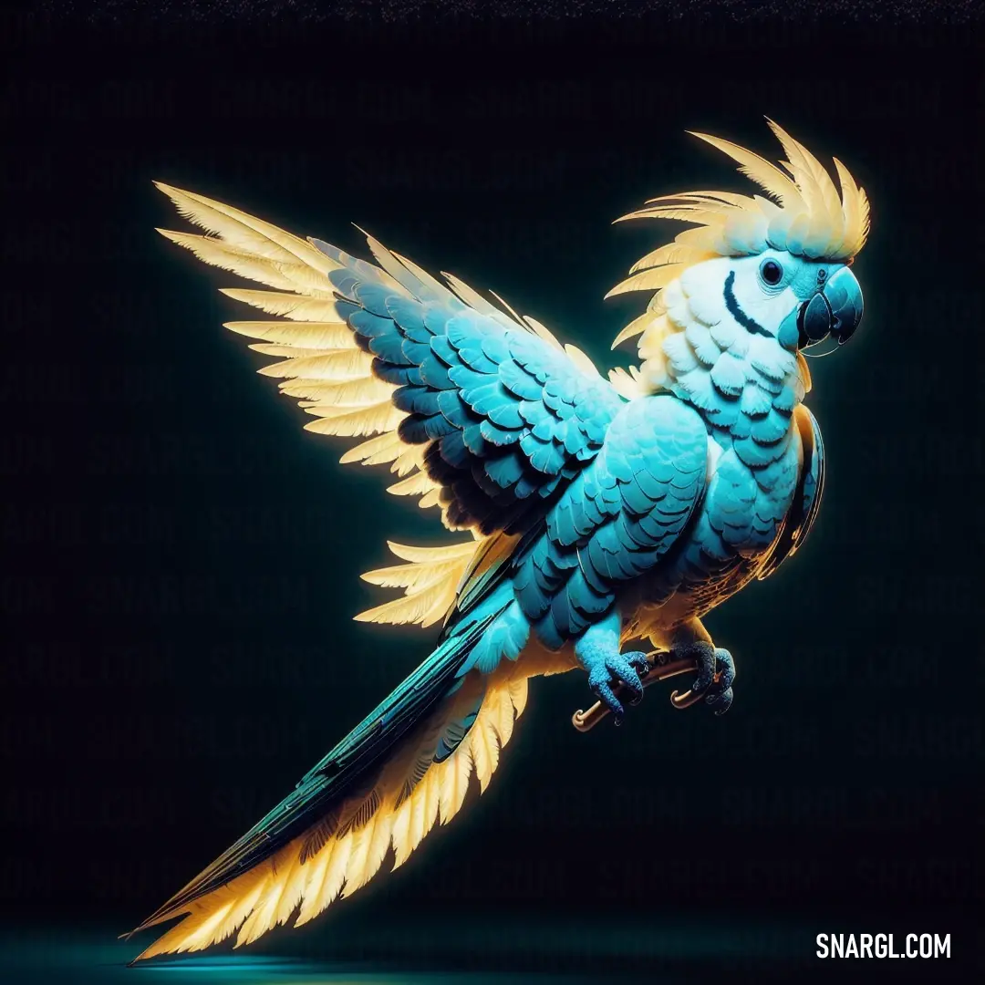 Blue and yellow parrot flying through the air with its wings spread out and wings spread out