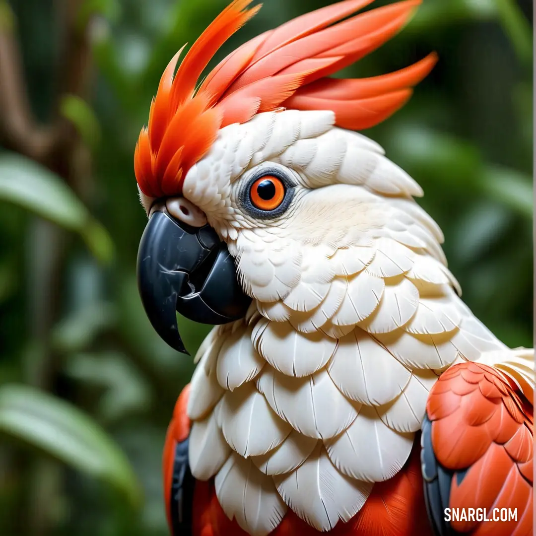 Close up of a parrot with a red and white head and feathers on it's head and body