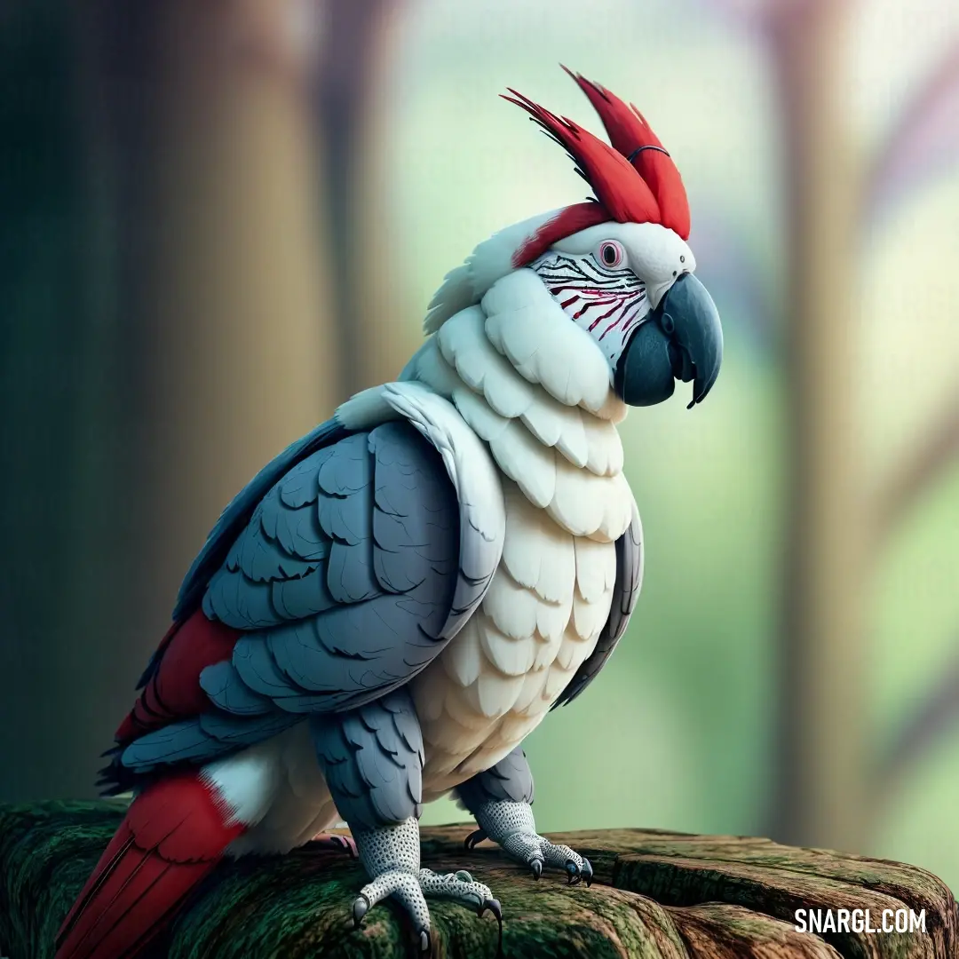 Colorful Cockatoo on top of a tree stump in a forest of trees and trees in the background