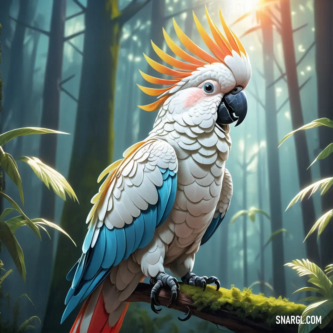 Colorful parrot perched on a branch in a forest with trees and grass in the background