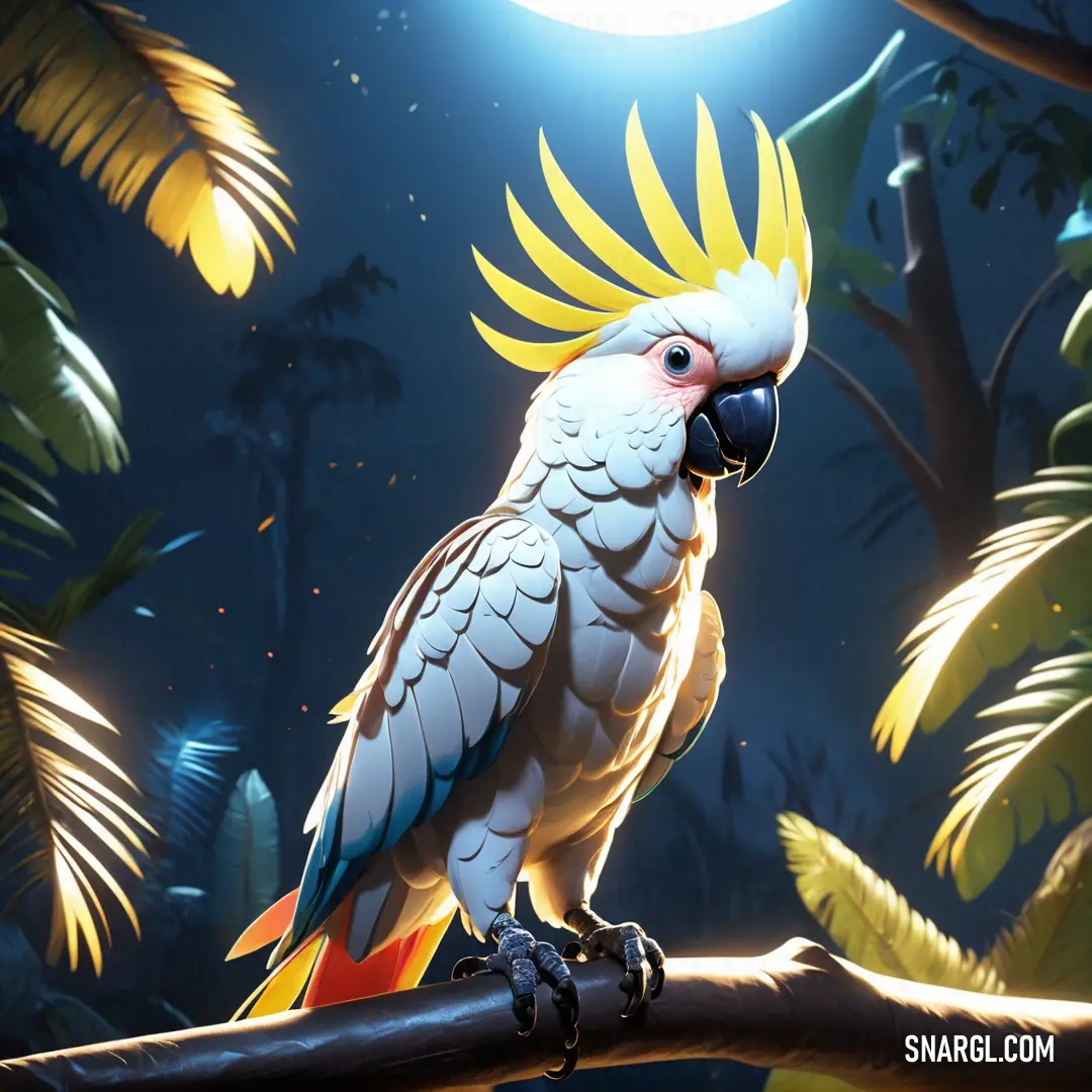 Parrot on a branch in a jungle at night with a full moon in the background