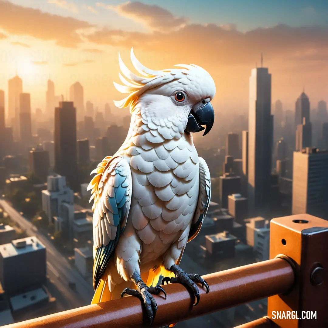 Parrot perched on a railing in front of a cityscape with skyscrapers in the background
