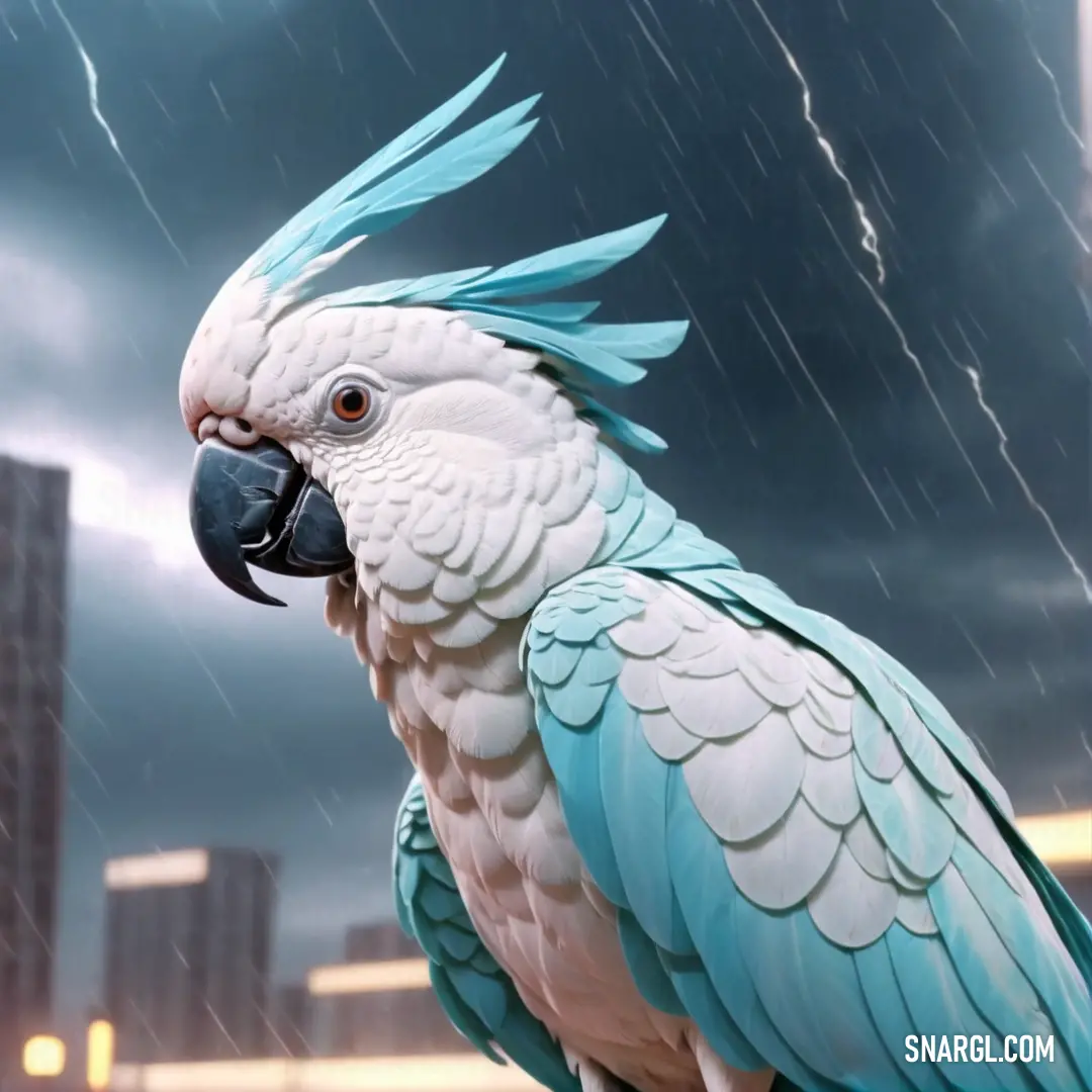 Parrot with blue feathers on a ledge in the rain with a city in the background