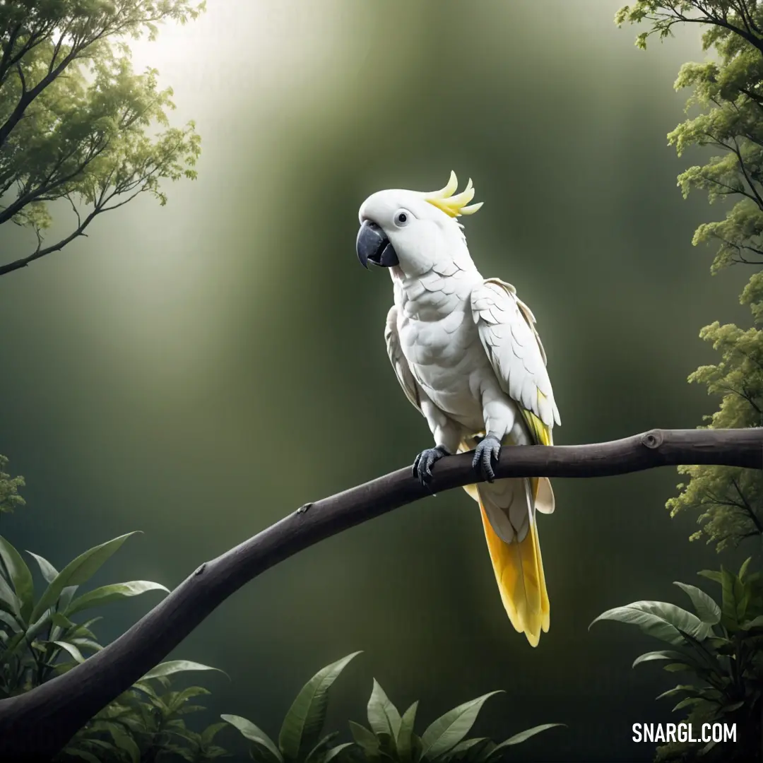 White and yellow Cockatoo perched on a branch in a forest with trees and leaves in the background