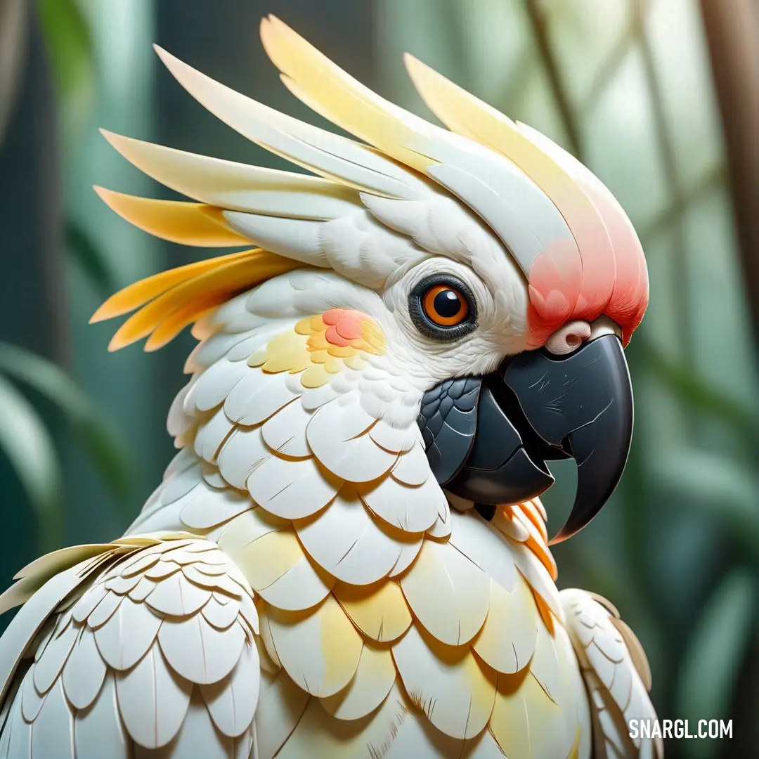 White and yellow Cockatoo with a black beak and yellow feathers and a green background