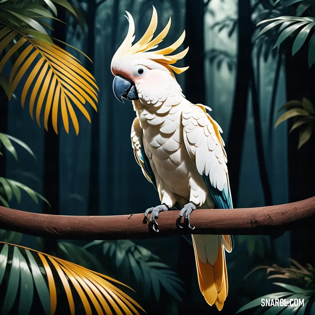 White and yellow parrot on a branch in a forest with palm trees and leaves behind it