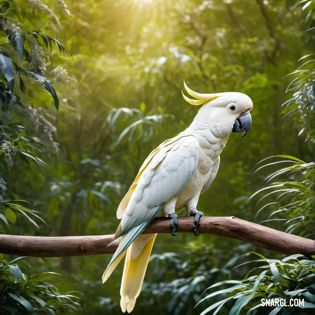 White and yellow parrot on a branch in a forest with trees and foliage in the background