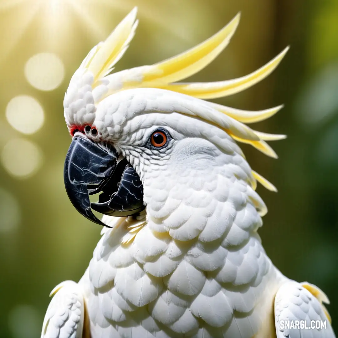 White parrot with a yellow and black beak and head with yellow feathers and a black
