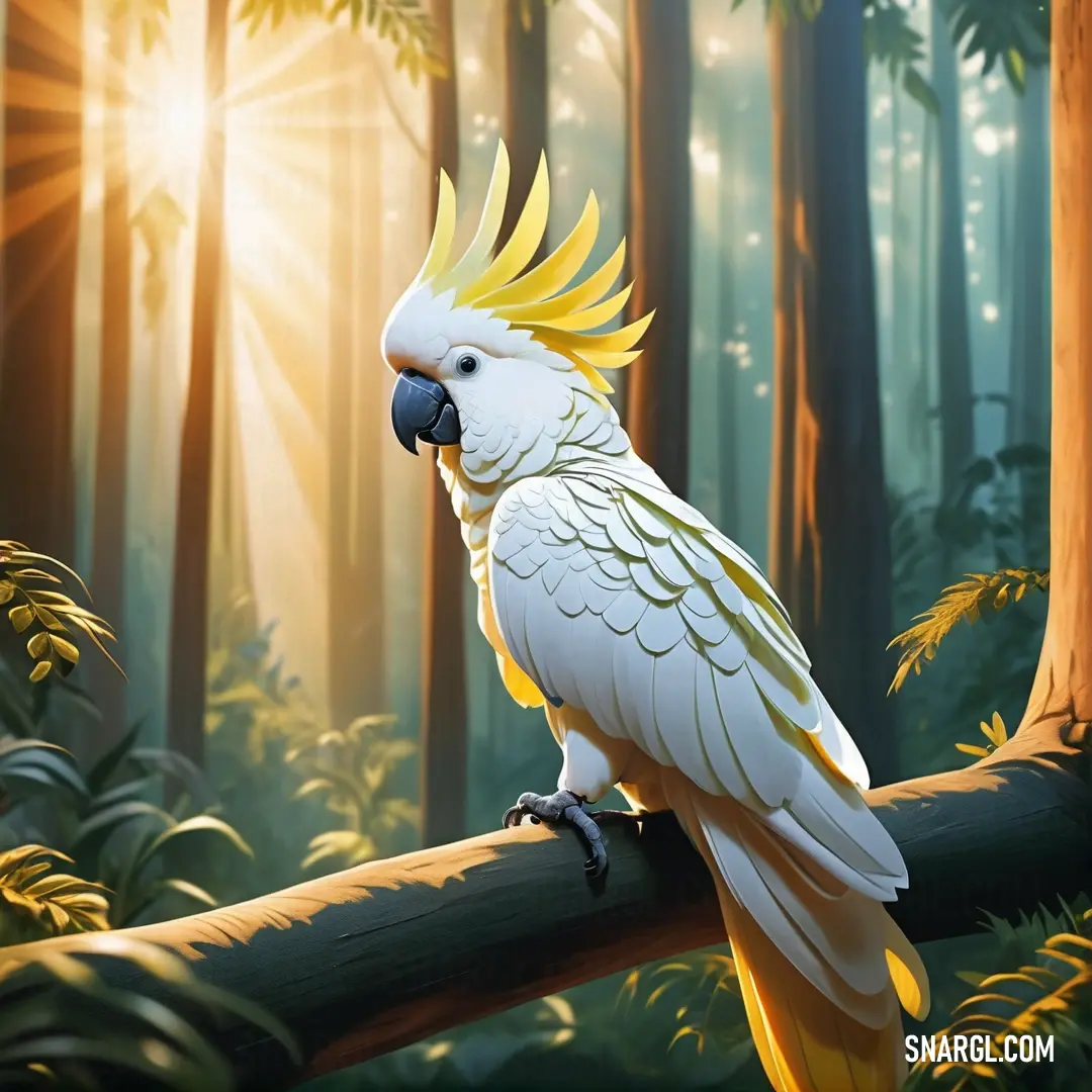 White parrot with yellow feathers on a branch in a forest with trees and sunlight shining through the trees