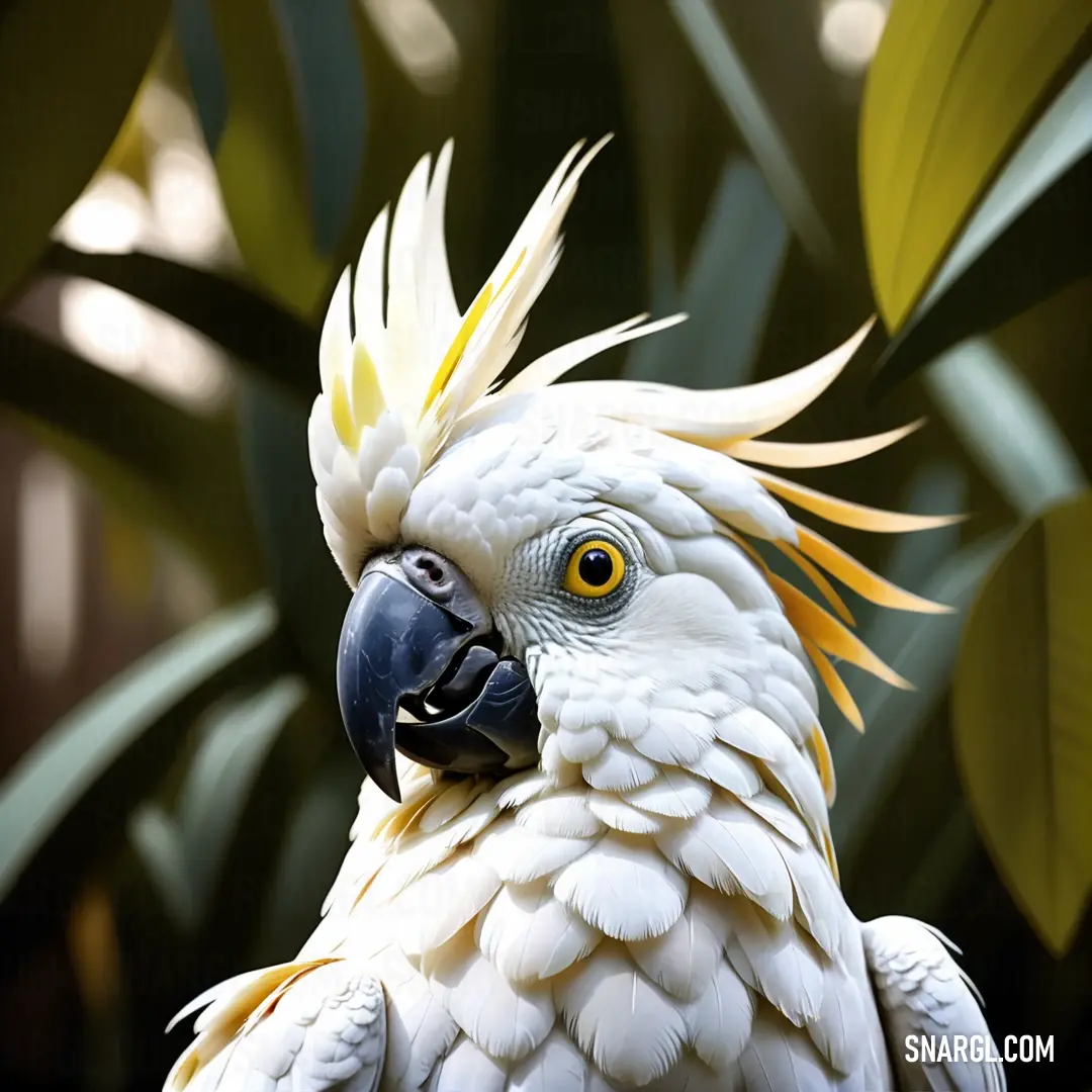 White parrot with yellow feathers and a black beak is standing in front of a green plant with leaves