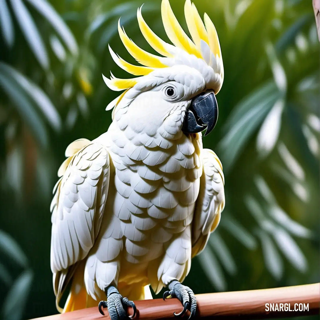 White parrot with yellow feathers on a branch in front of a green background