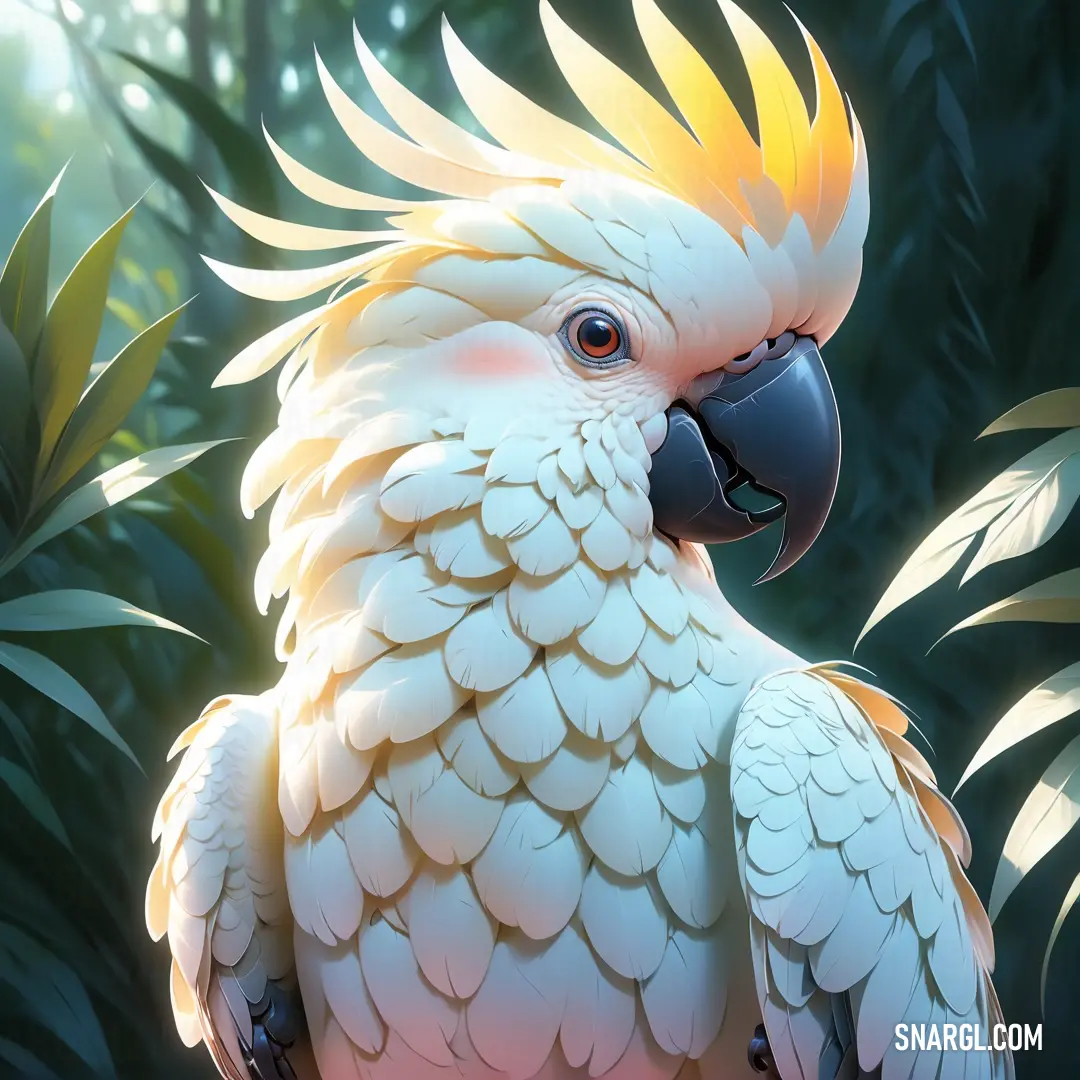 White parrot with yellow feathers standing in front of a tree branch with leaves on it's back