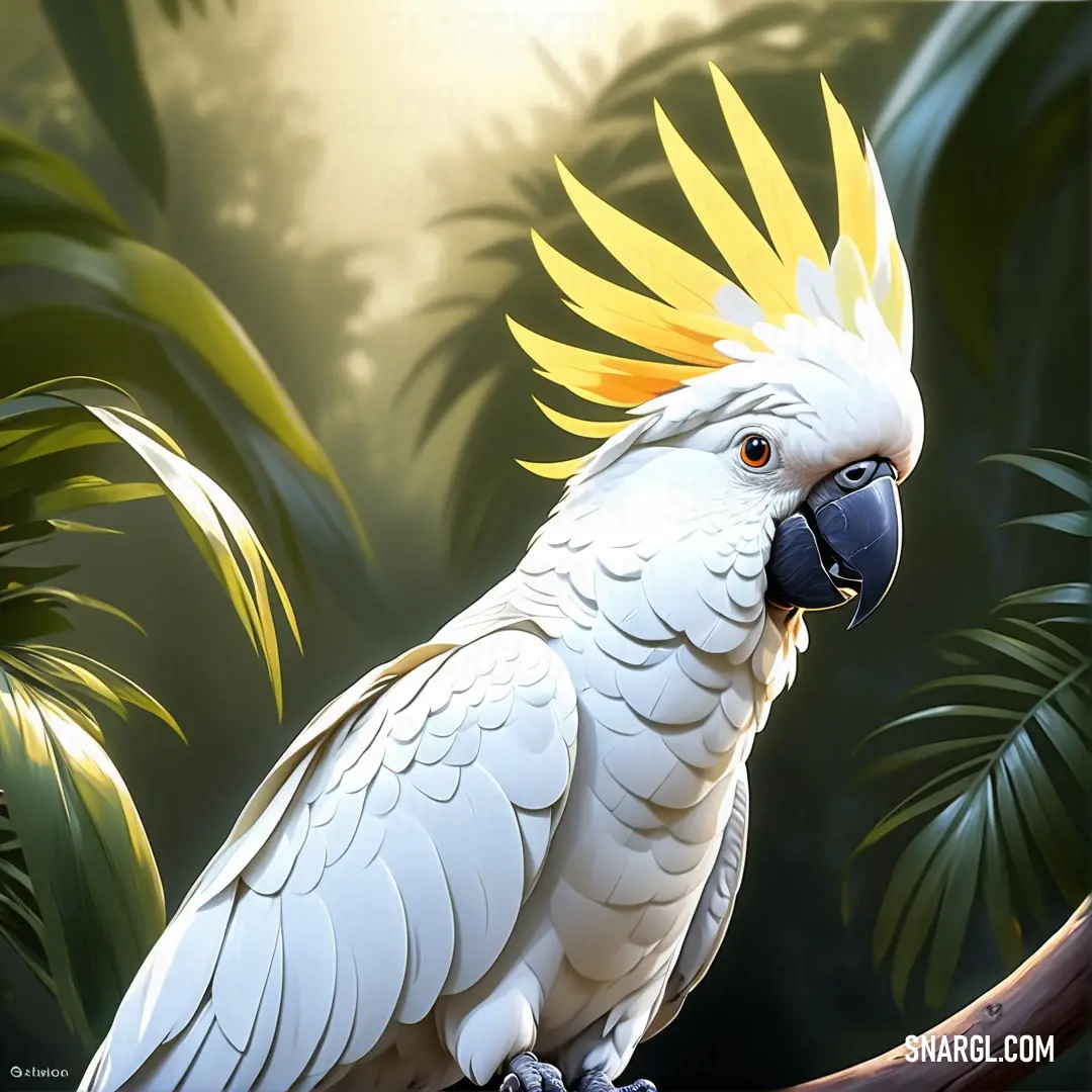 White parrot with yellow and blue feathers on a branch in a jungle setting with trees and foliage