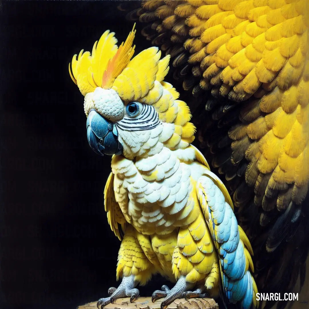 Yellow and blue parrot on a branch with its wings spread out and its head turned to the side