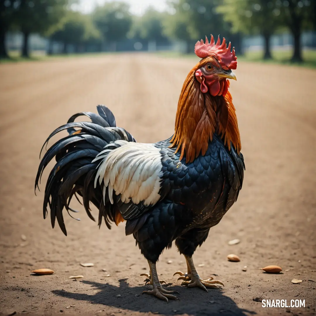 Rooster standing on a dirt road in the middle of a field with trees in the background
