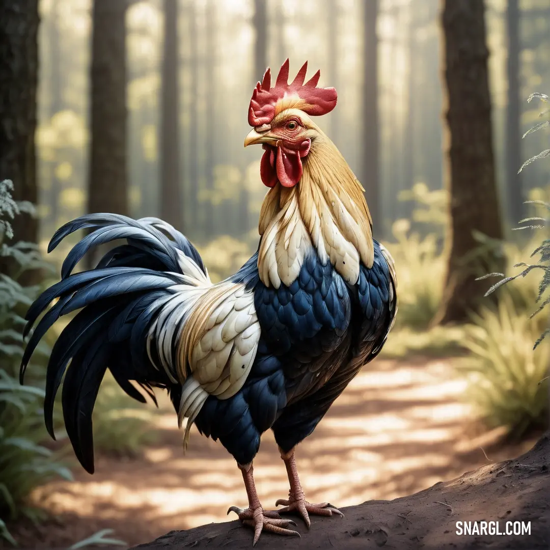 Rooster standing on a dirt road in a forest with trees and bushes behind it