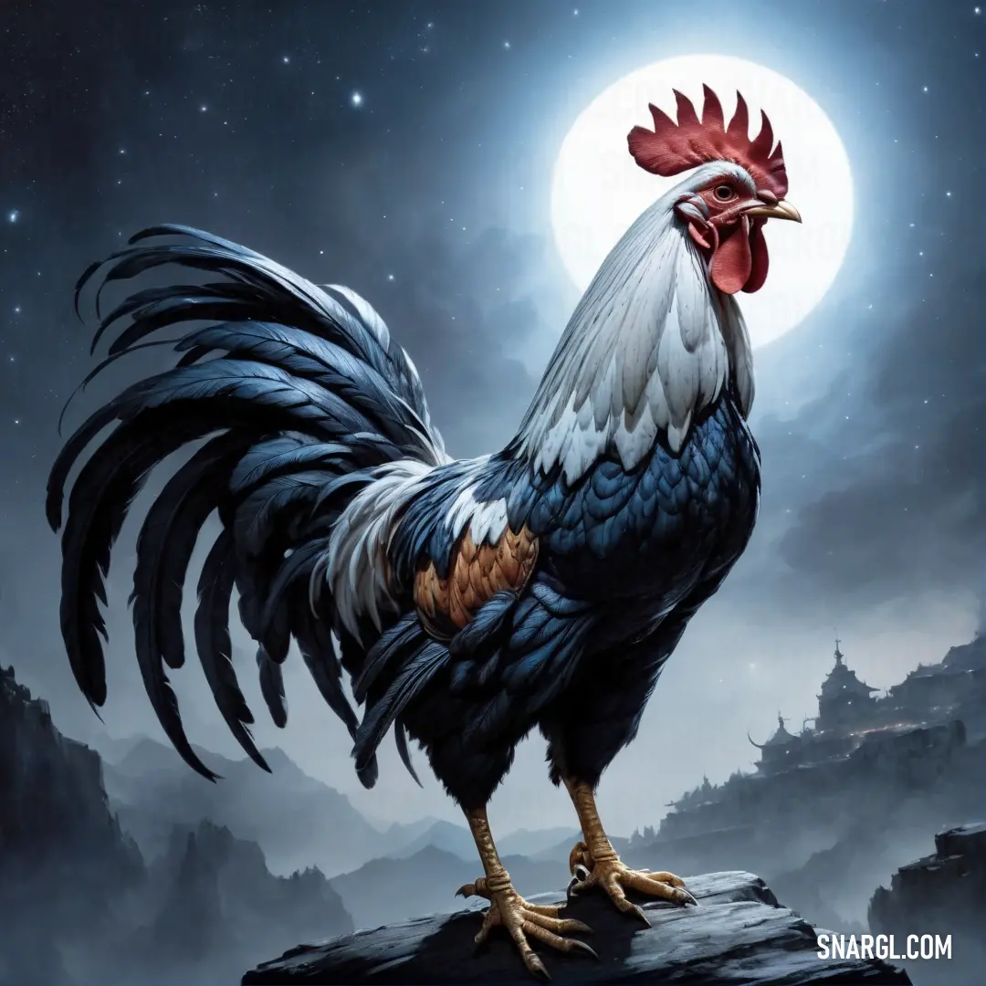 Rooster standing on a rock in front of a full moon and castle with a full moon in the background