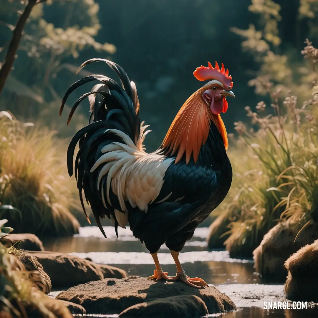 Rooster standing on a rock in a stream of water with grass and rocks in the background