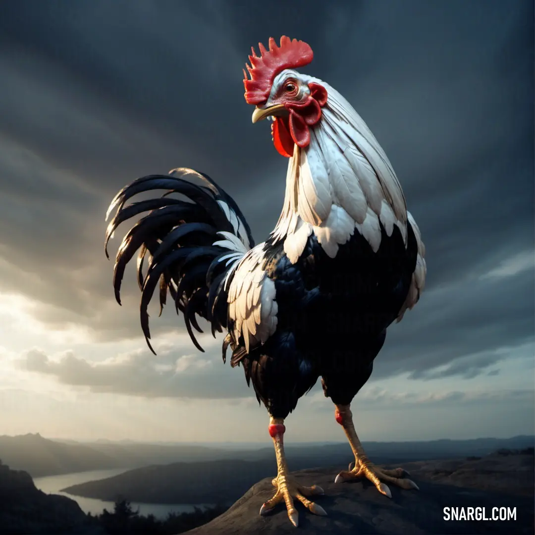 Rooster standing on top of a hill under a cloudy sky with a red crest and tail