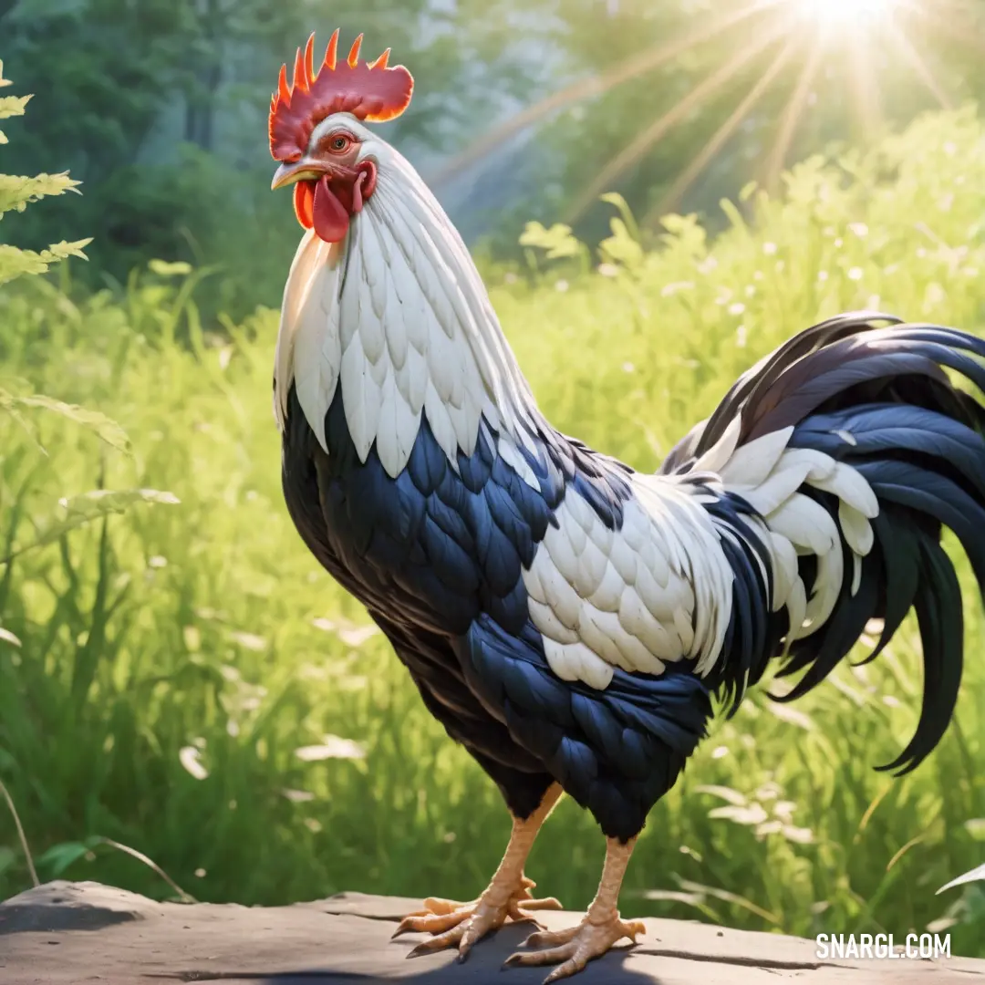 Rooster standing on a rock in a field of grass and flowers with the sun shining behind it and a bright lens