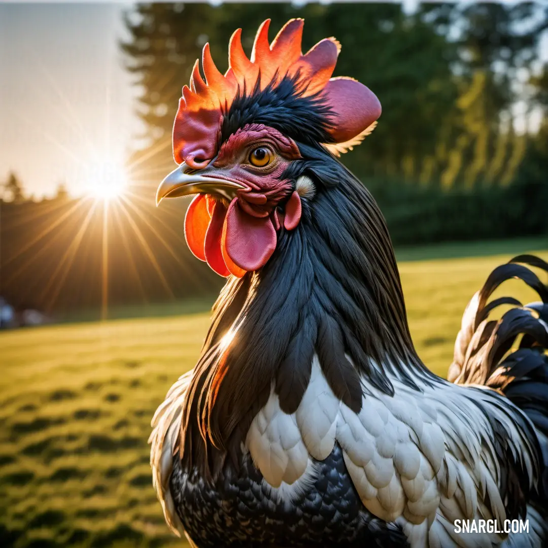 Rooster standing in a field with the sun shining behind it and a Cockerel in the background