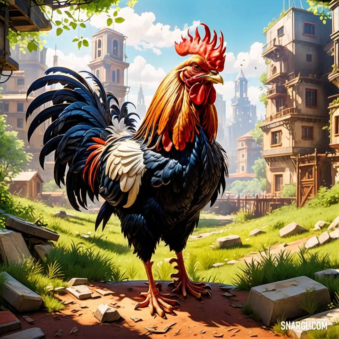 Rooster standing on a dirt road in a green field with buildings in the background