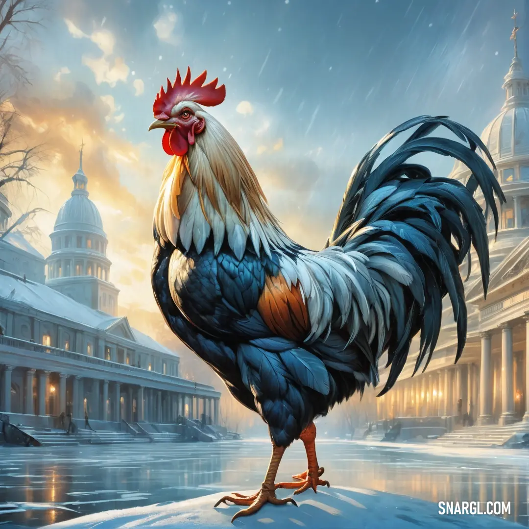 Rooster standing on a snowy surface in front of a building with a clock tower in the background
