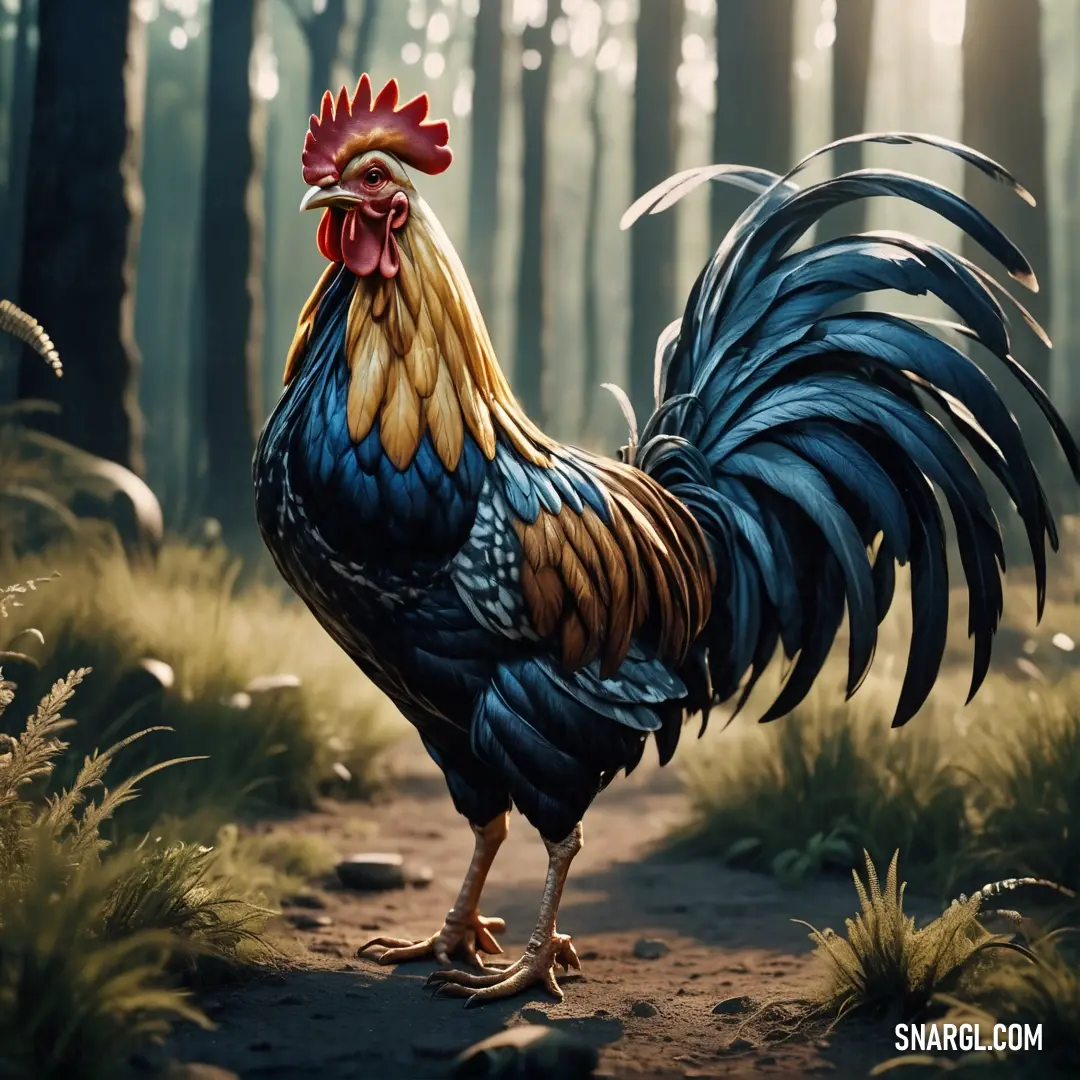 Rooster standing on a dirt road in a forest with tall grass and trees in the background