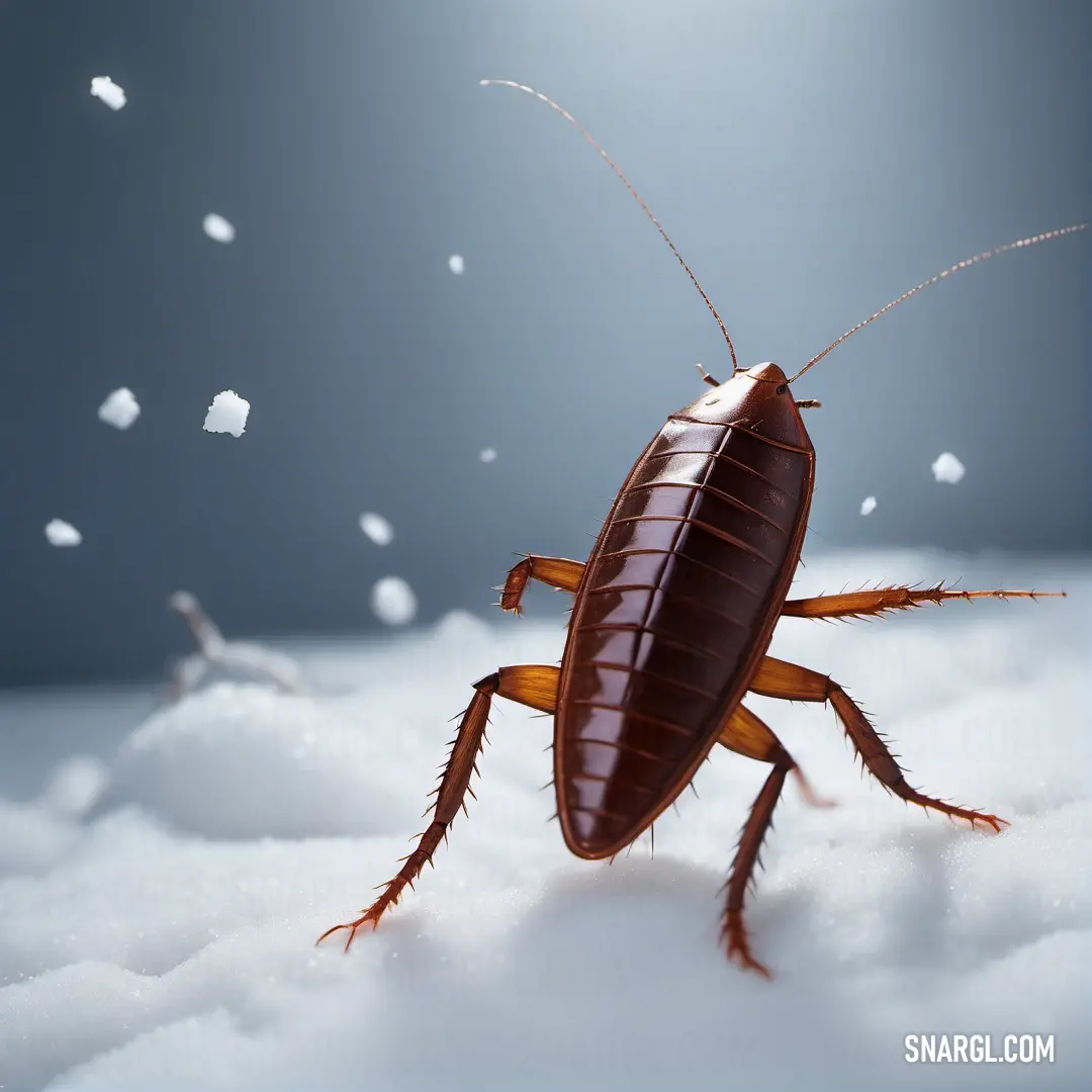 Bed bug on a bed of snow with snow flakes flying around it and a light shining on the bed