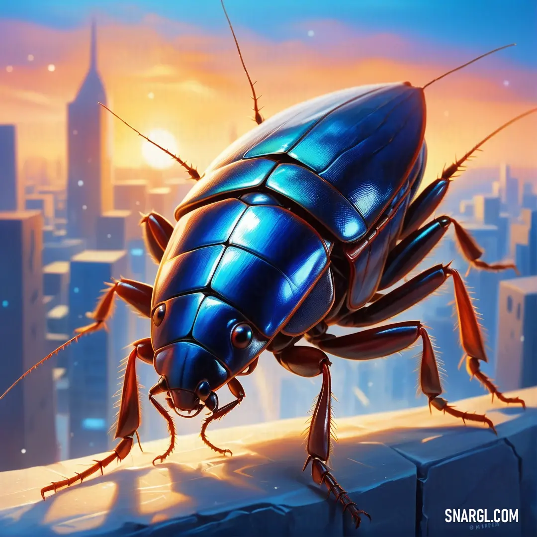 Blue bug on top of a building next to a city skyline at sunset or dawn