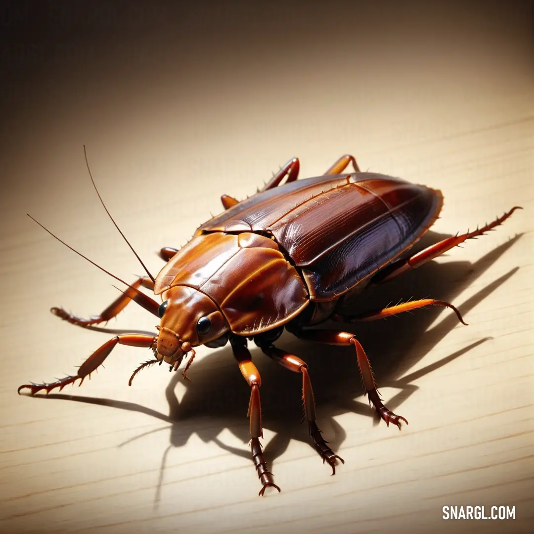 Brown bug on top of a wooden table next to a shadow of a person's head