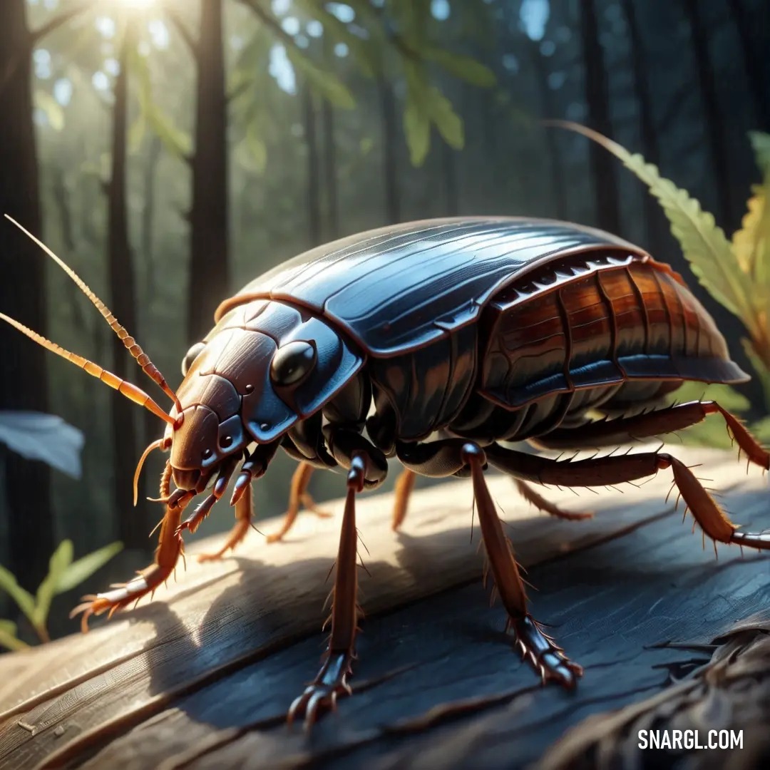 Close up of a bug on a wooden surface in a forest with leaves and sunlight shining through the trees