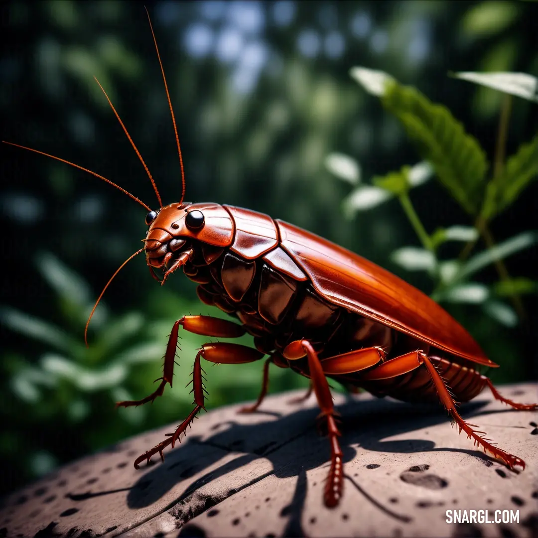 Close up of a bug on a rock near a plant and leaves in the background