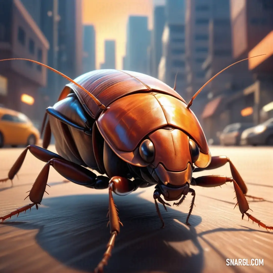 Close up of a bug on a city street with buildings in the background