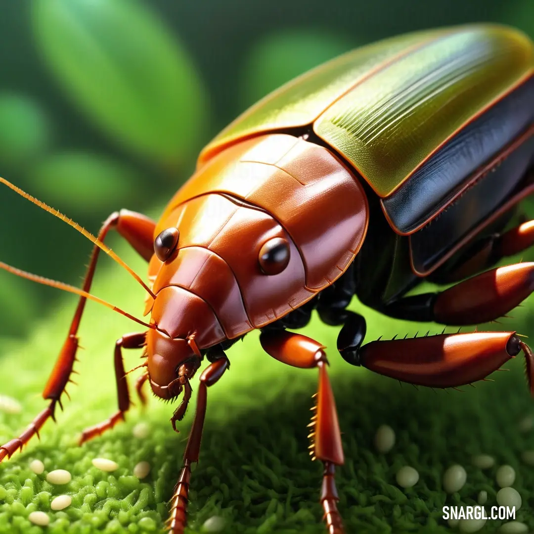 Close up of a bug on a green surface with leaves in the background