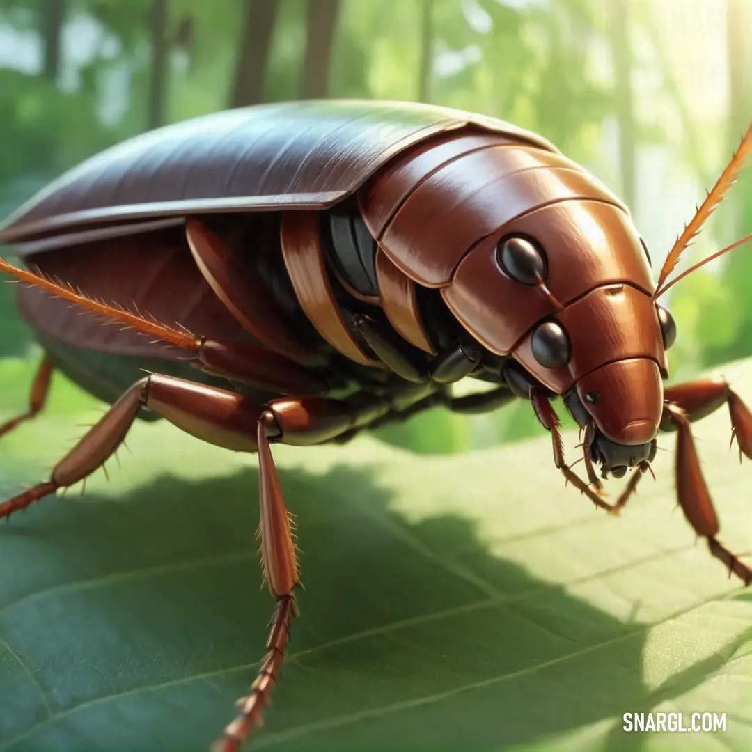 Close up of a cockroach on a leaf in the sun light with a blurry background