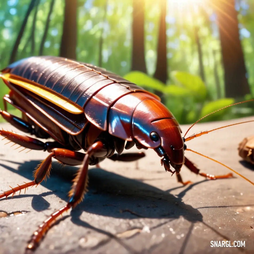 Close up of a cockroach on a rock in the sun light with a forest in the background