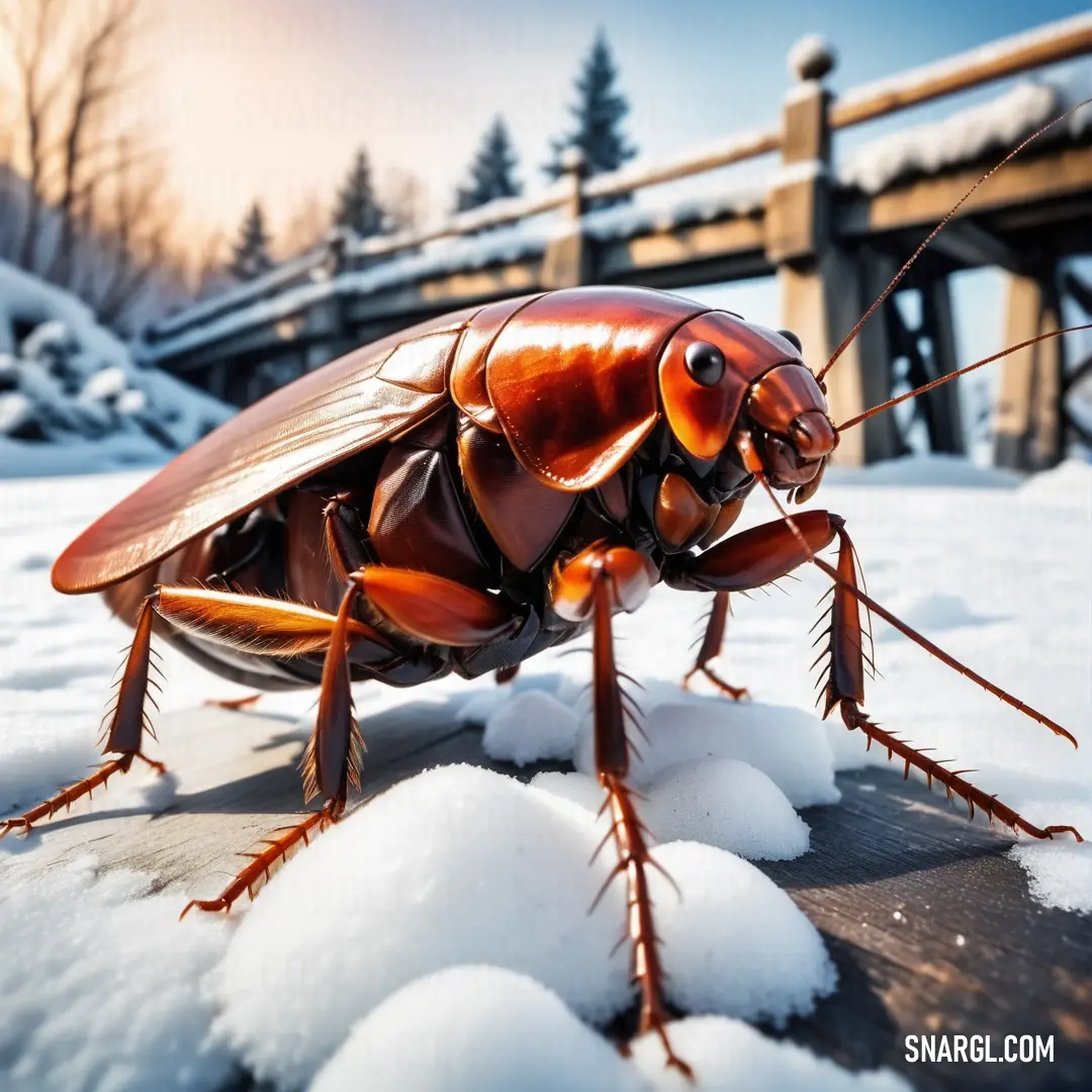 Close up of a cockroach on a snow covered ground with a bridge in the background