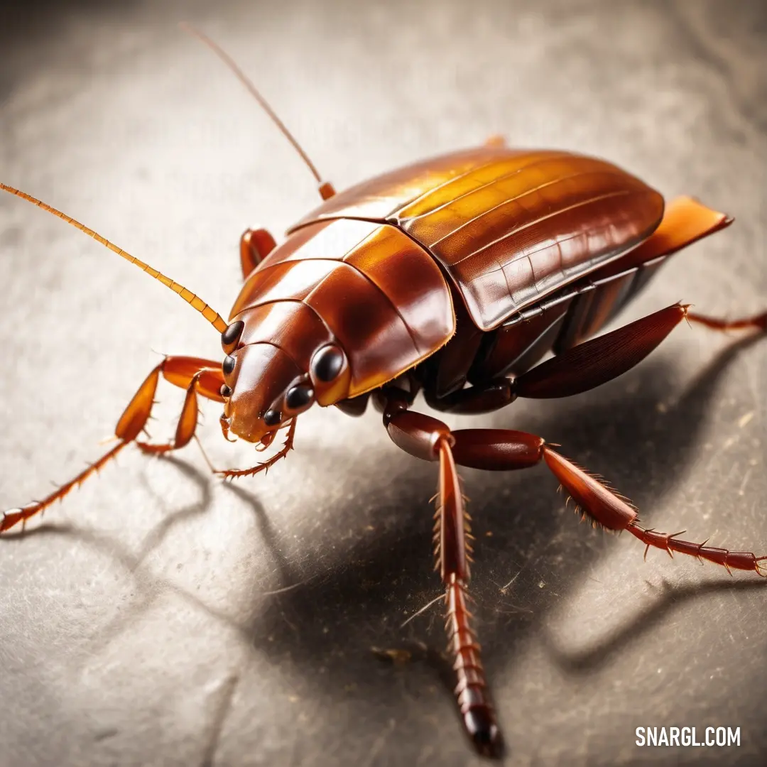 Close up of a cockroach on a table with a shadow of it's head on the ground