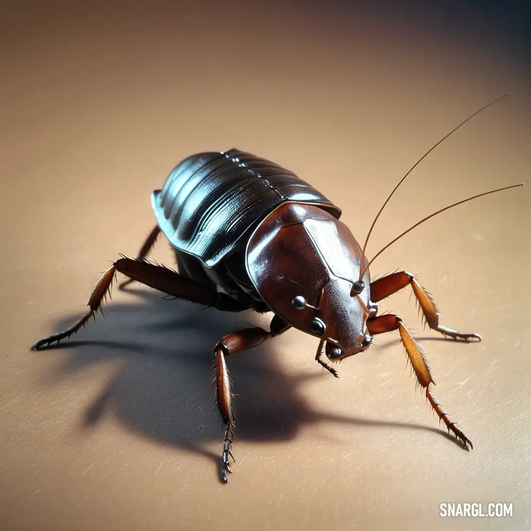Close up of a cockroach on a table with a shadow on it's surface and a light shining on the ground