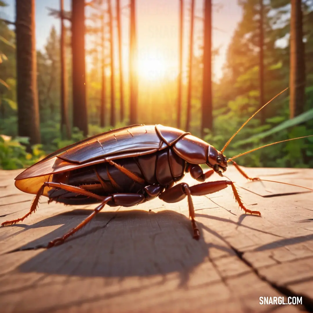 Close up of a cockroach on a wooden surface in the sun light with trees in the background