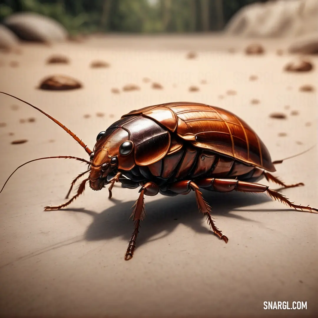 Close up of a cockroach on a surface with dirt and rocks in the background