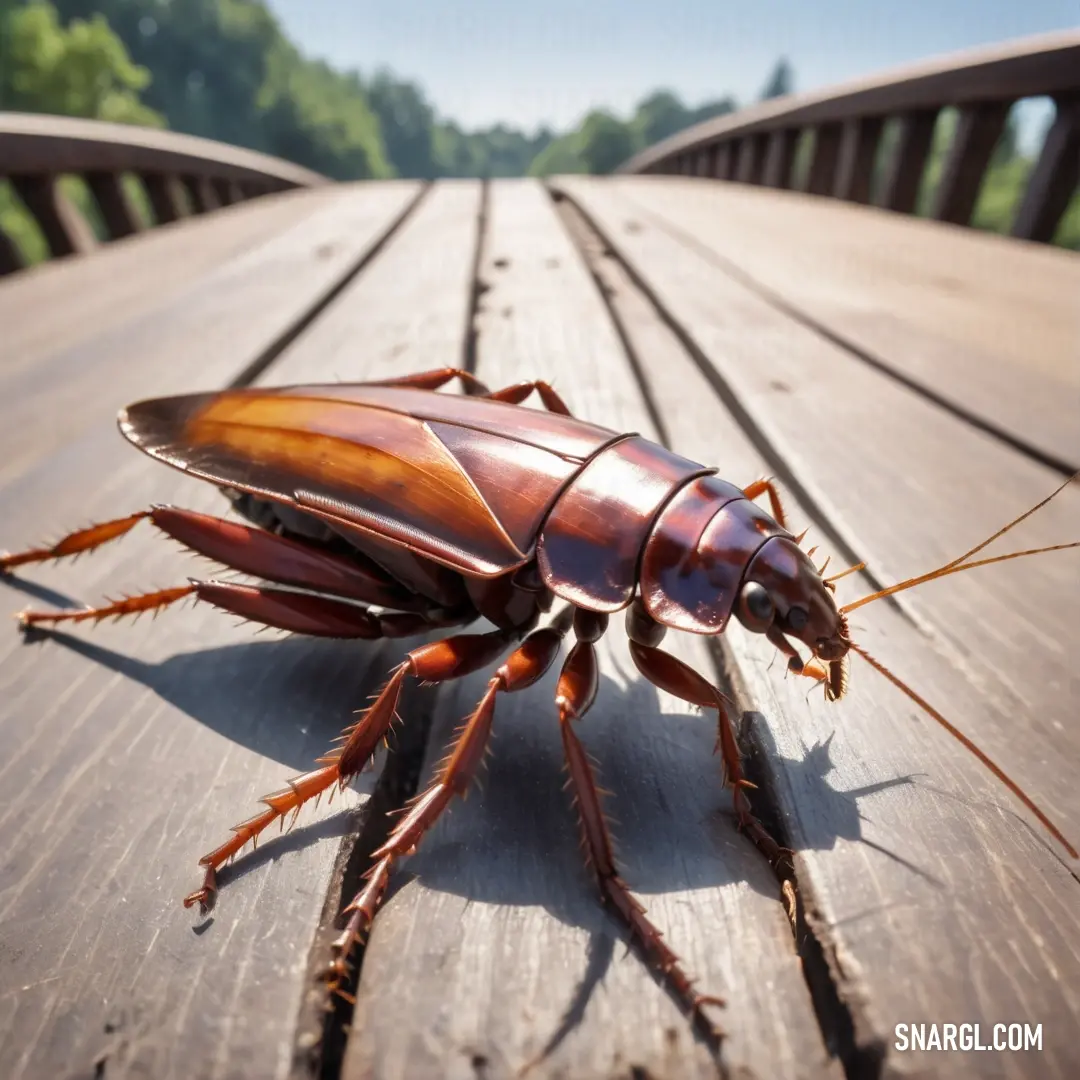 Cockroach is standing on a wooden surface with its head turned to the side and legs crossed