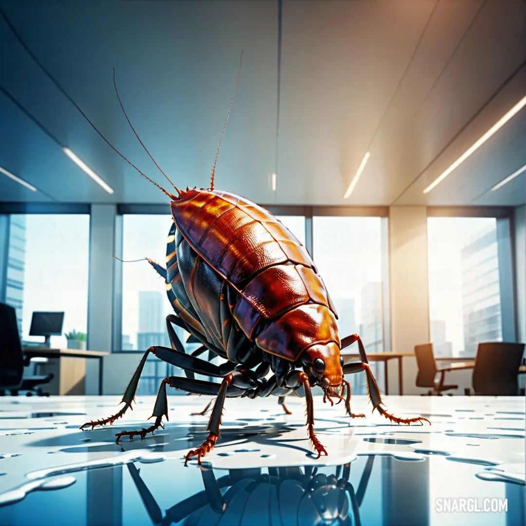 Cockroach standing on a shiny surface in an office building with a large window in the background