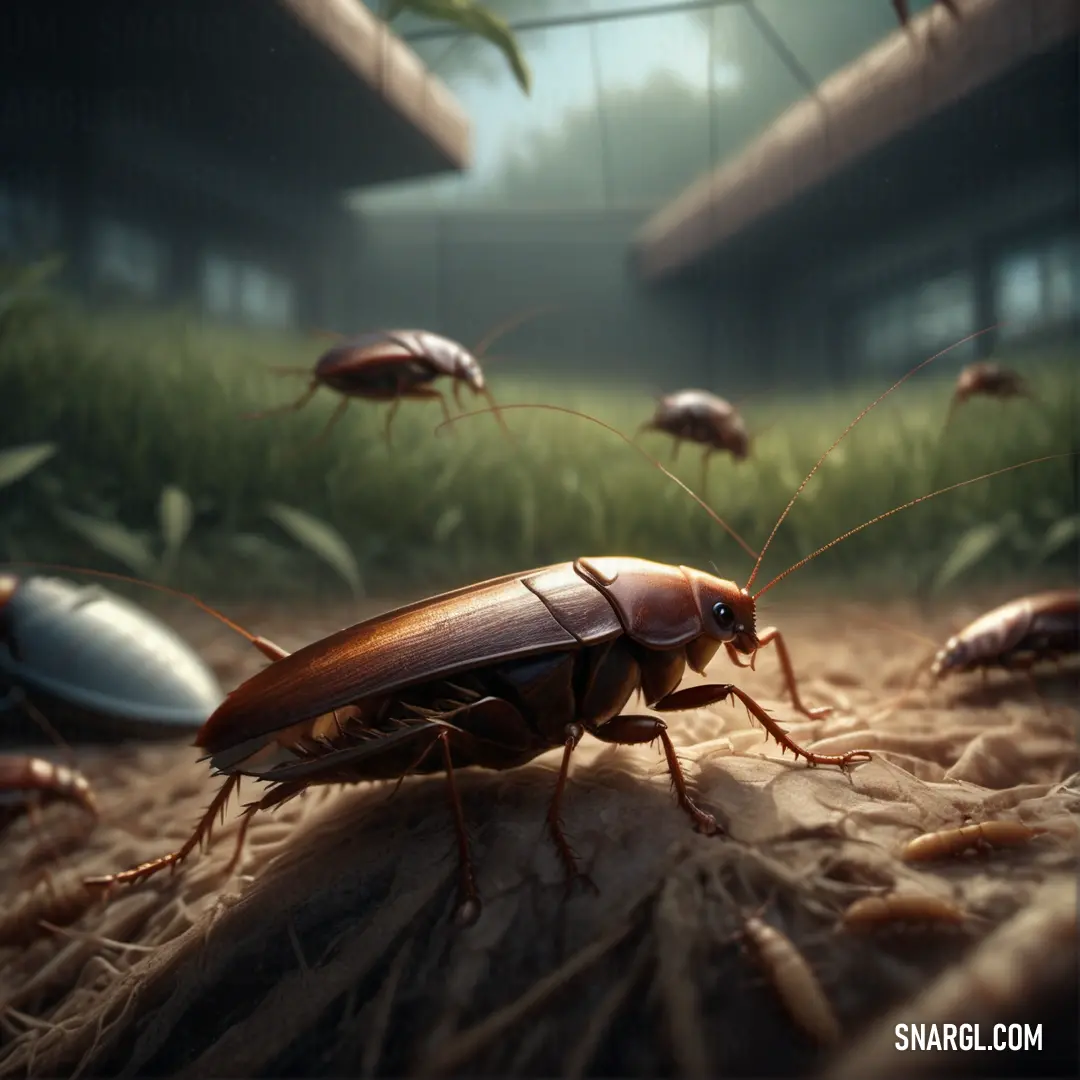 Group of cockroaches walking on the ground in a field of grass and dirt in front of a building